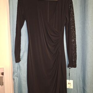 Calvin Klein Black Draped Dress with Lace Sleeves